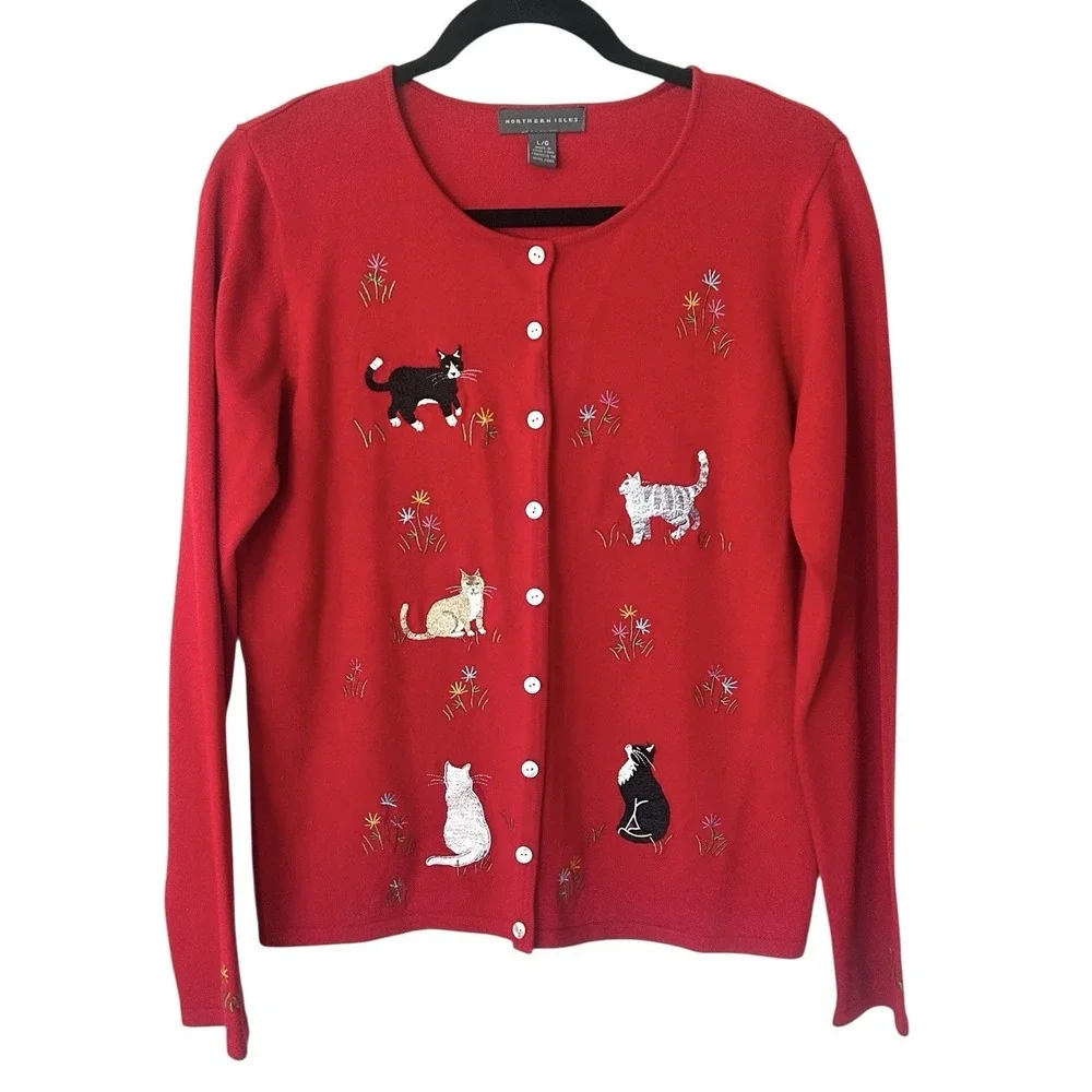 Vintage Northern Isles‎ Cardigan Sweater Red Embroidered Cats Whimsy Large